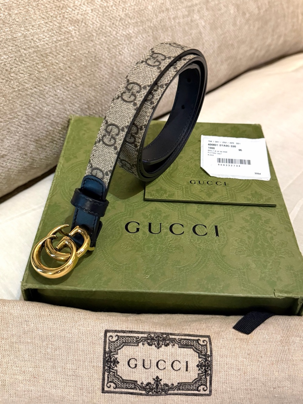 Gucci Monogram GG Marmont Skinny Belt with Black & Beige 85/34